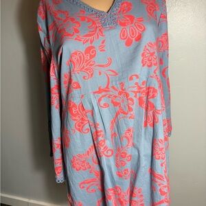 Blue and Goubi Coral Floral Tunic Top Size Large
